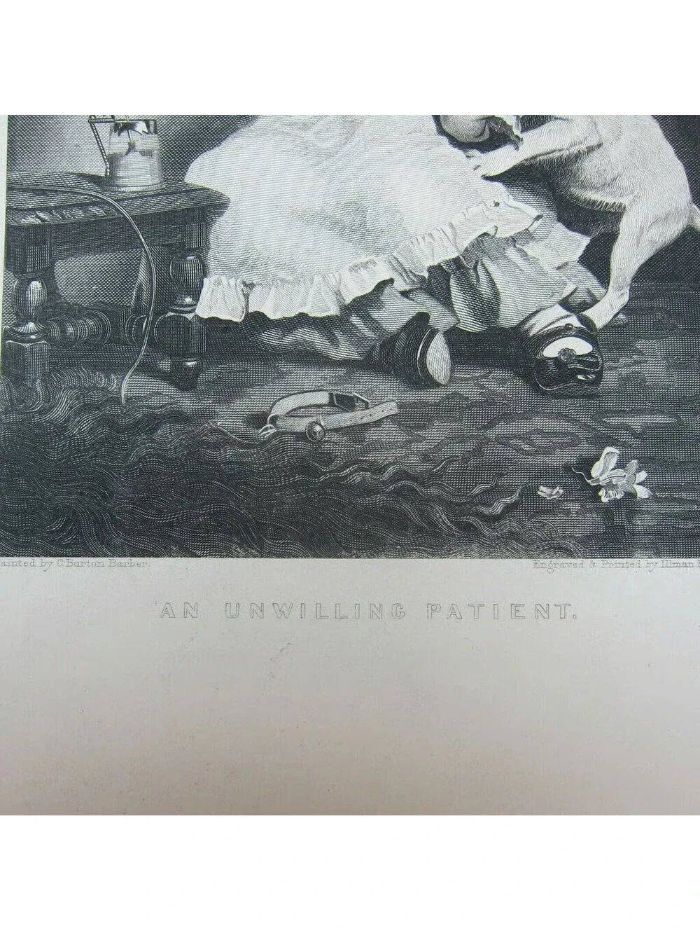 Antique 1800s Victorian Engraving Print Little Girl & Dog Unwilling Participant